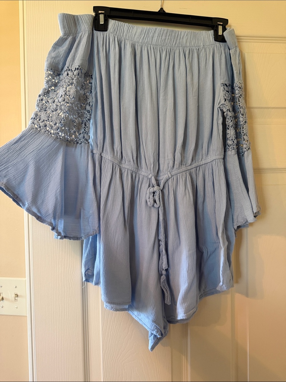 Blush Light Blue Pleated Romper with Elastic Waistband